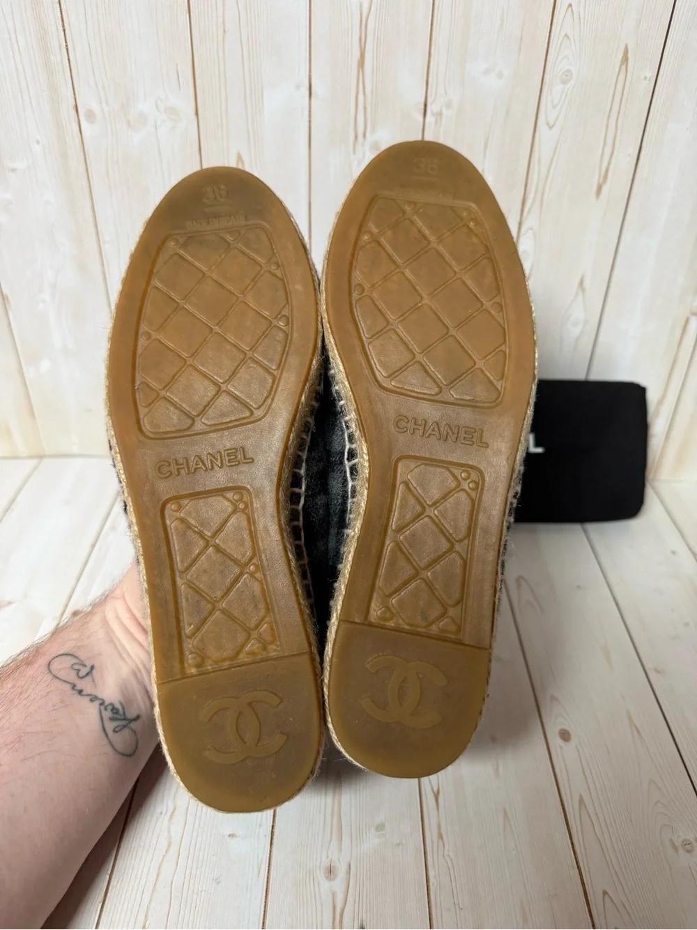 CHANEL Flannel CC Espadrille Flats Dark Grey/Black Sz 36 / 6